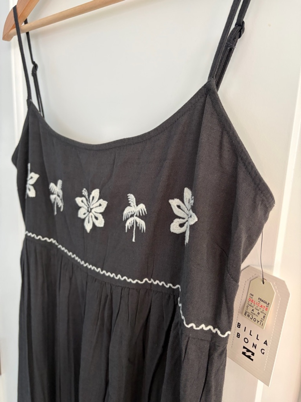 Billabong Black Midi Sundress with White Floral Embroidery